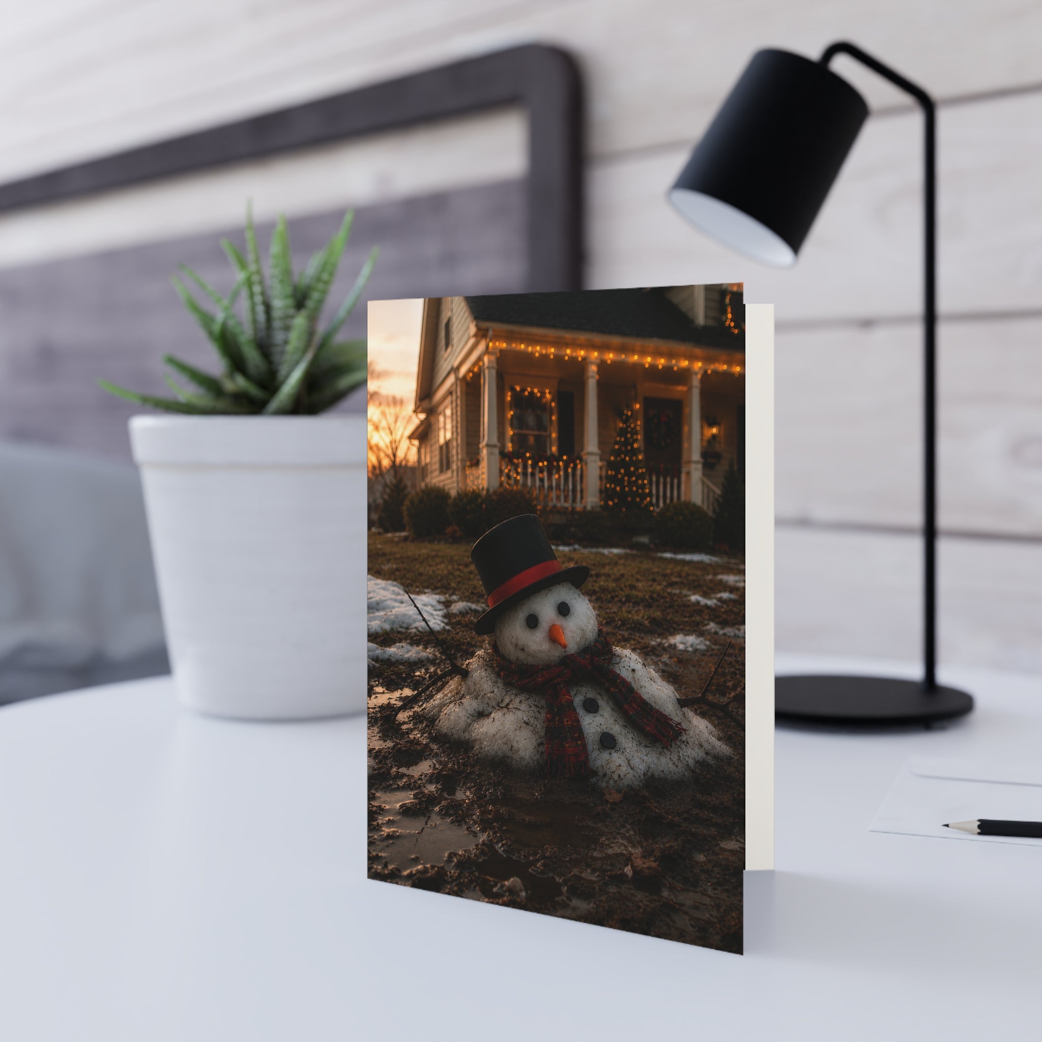 Thaw / He didn't disappear overnight. He simply became part of the landscape. The lights are still on. The wreath is still hanging. But winter has already started saying goodbye. / Holiday Greeting Card