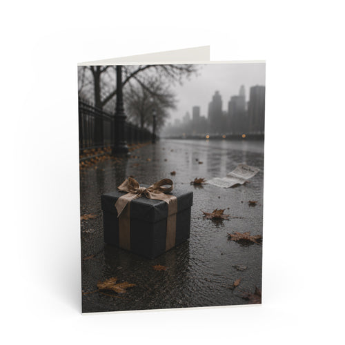 Moody fine art birthday card — unopened gift with scattered leaves on dark background, premium 300gsm — The Last Balloon