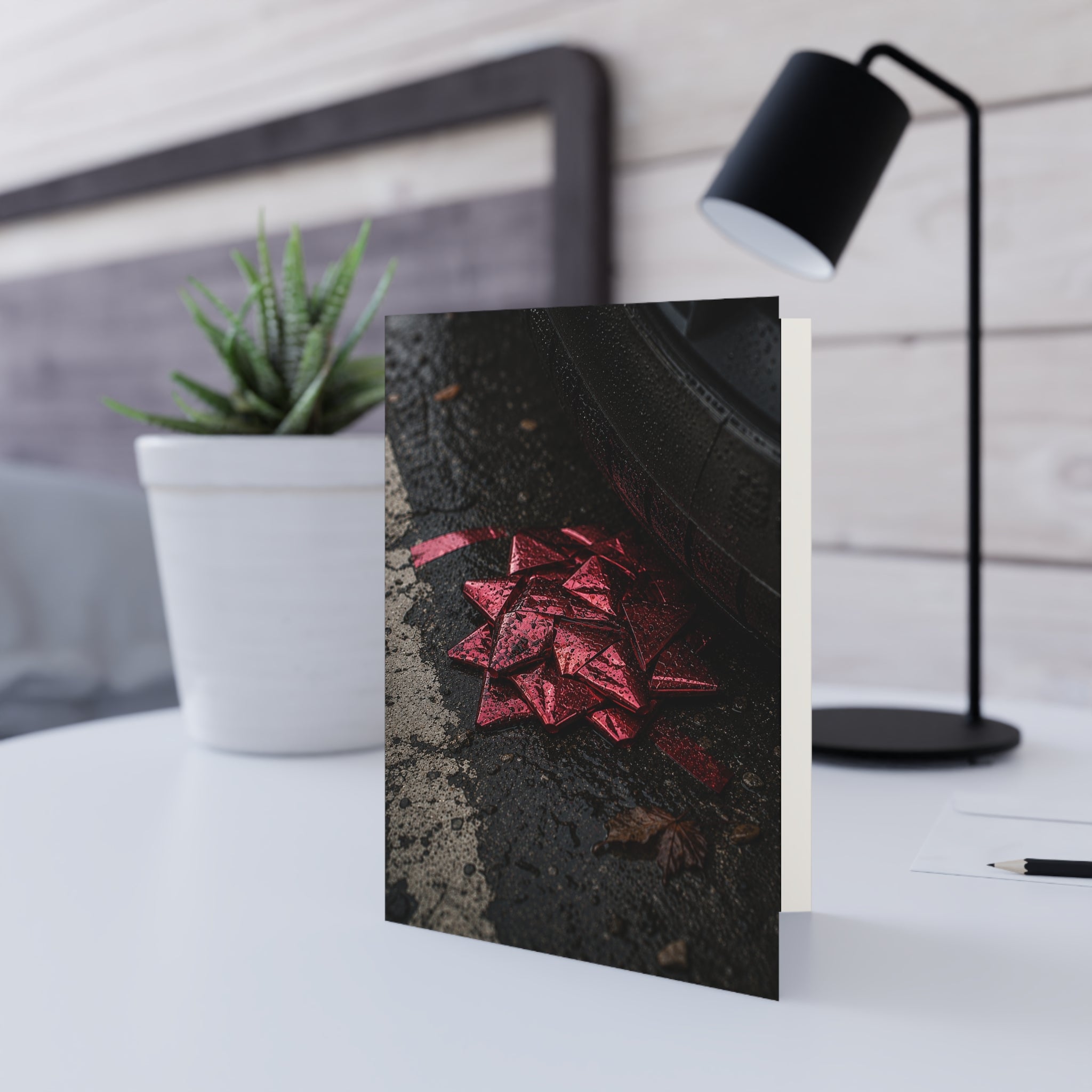 Overlooked / It was probably perfect once. Centered on the package. The ribbon neatly curled. The final touch before someone said, "It's ready." Now it's just a bow in a parking lot. / Holiday Greeting Card
