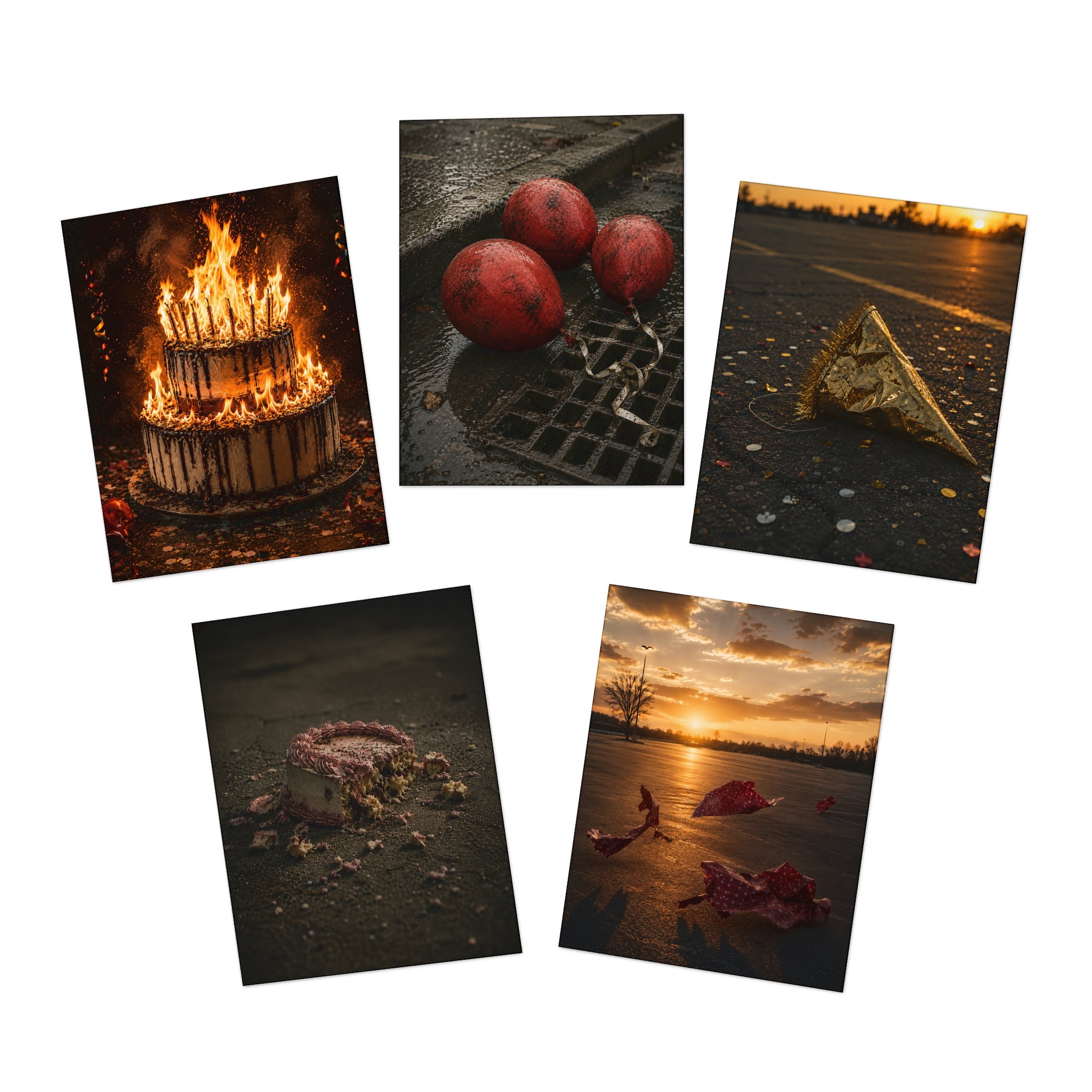 Moody Fine Art Greeting Cards 5-Pack — Autumn Sunset, Burnt Cake, Lost Party, Fallen Flowers
