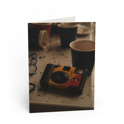 Moody fine art birthday card — vintage camera on dark background, premium 300gsm — The Last Balloon