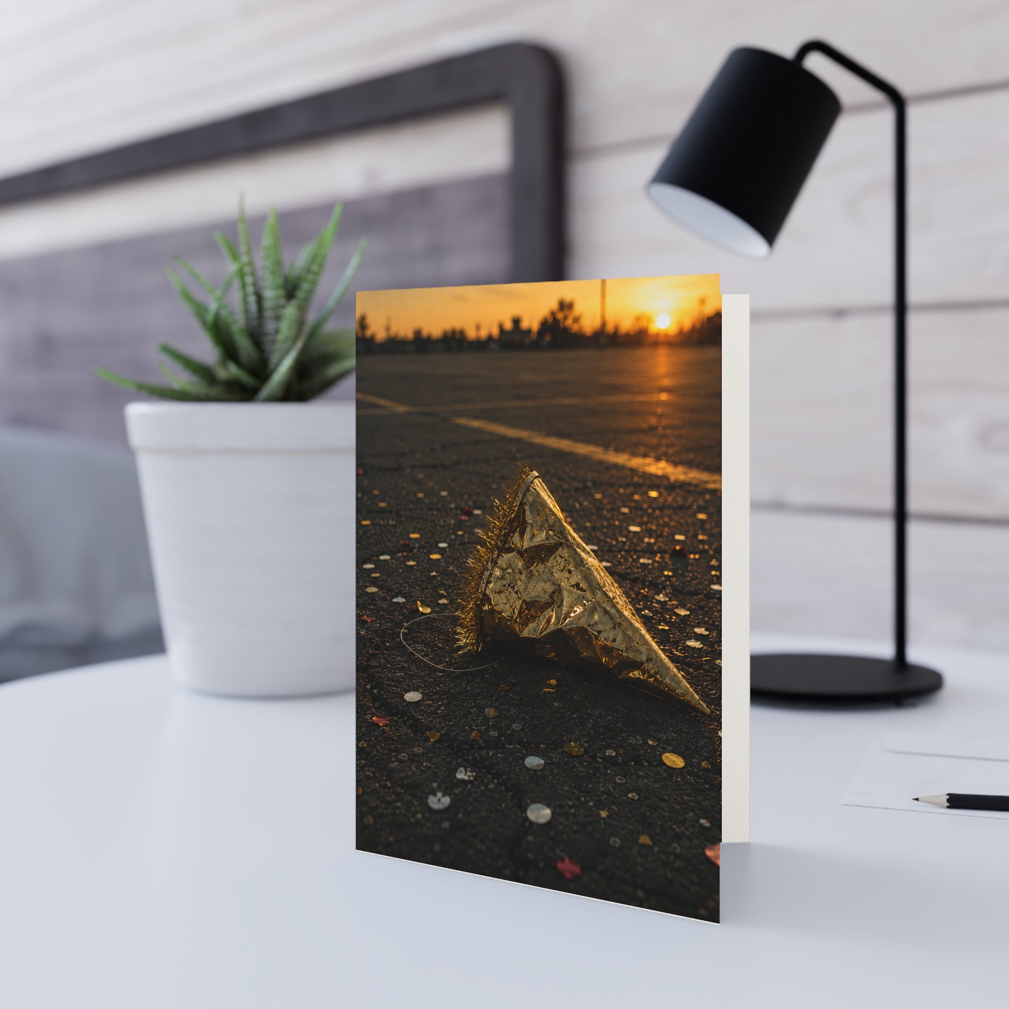 Closing Time / Greeting Card — Sunny Sunset Party Aftermath (Balloon & Confetti)
