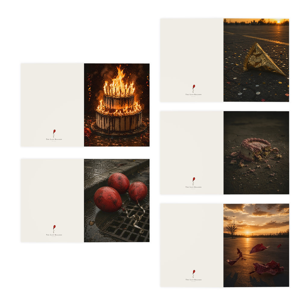 Moody Fine Art Greeting Cards 5-Pack — Autumn Sunset, Burnt Cake, Lost Party, Fallen Flowers
