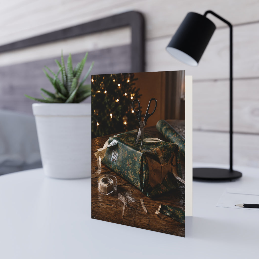 Enough / Sometimes the tape wins.  Sometimes the wrapping paper is two inches too short.  Sometimes the only reasonable solution is to stab the scissors into the gift and walk away for a while.  We've all been there. Holiday Greeting Card