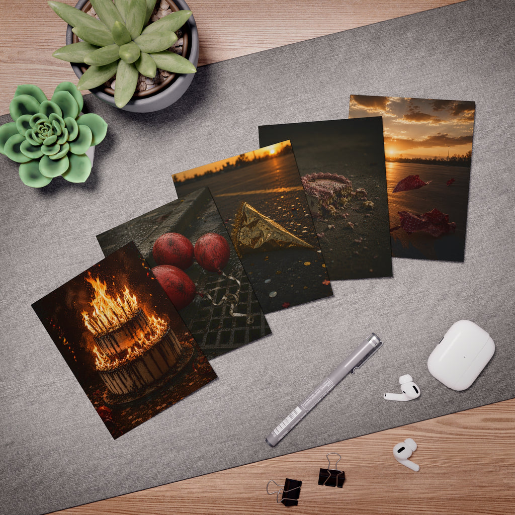 Moody Fine Art Greeting Cards 5-Pack — Autumn Sunset, Burnt Cake, Lost Party, Fallen Flowers