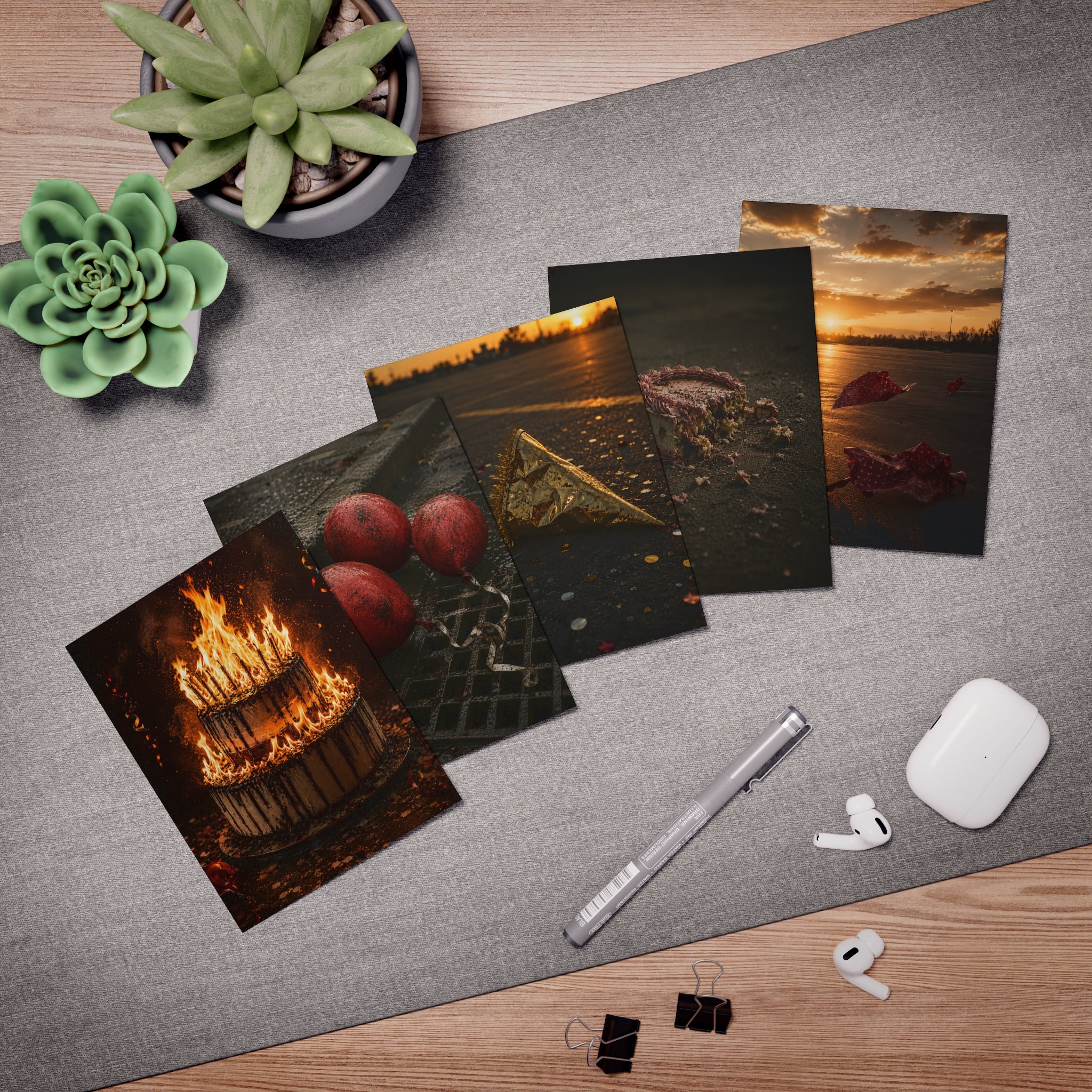 Moody Fine Art Greeting Cards 5-Pack — Autumn Sunset, Burnt Cake, Lost Party, Fallen Flowers